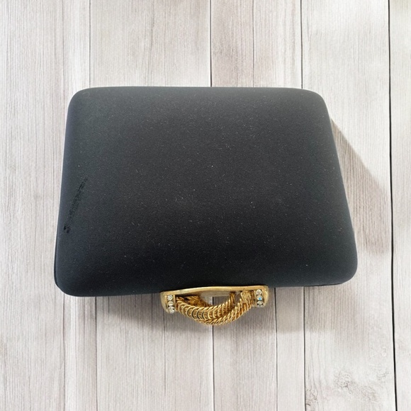 Rodo Black Satin Clutch Evening Bag With Gold Swarovski Crystals Closure, Metal - Picture 2 of 11